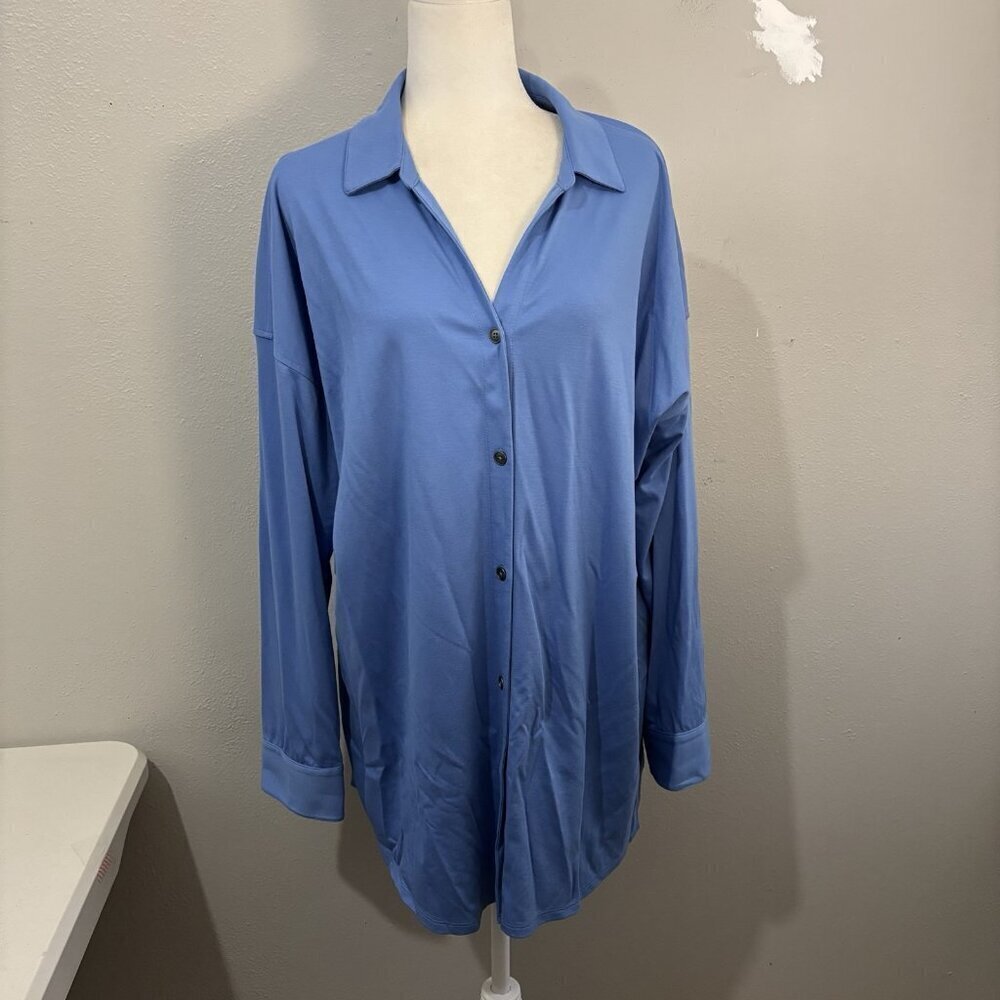 J Jill Blue Button Front Knit Shirt Tunic Length Women Large